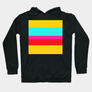 A smart jam of Red (Pigment), Persian Rose, Metallic Yellow and Fluorescent Blue stripes. Hoodie